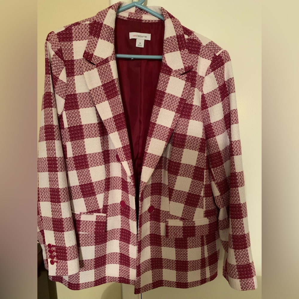 Burgundy and cream. New tags removed worn once for a wedding. Lined and soft